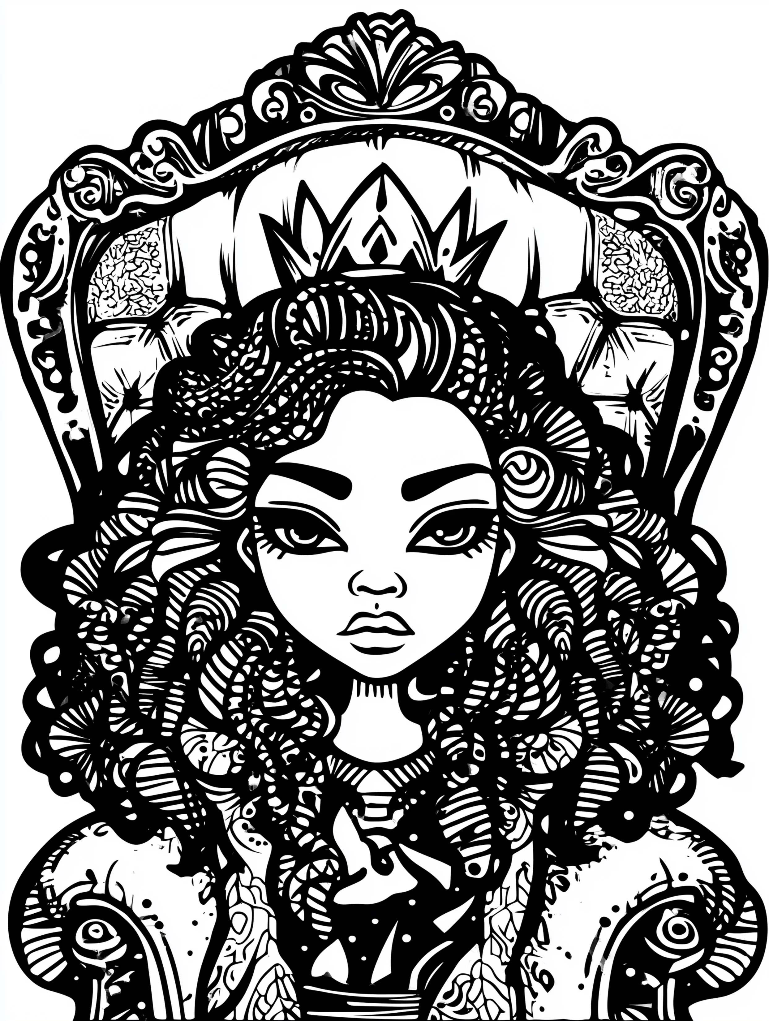 Free printable queen coloring page for adults featuring a queen with a throne
